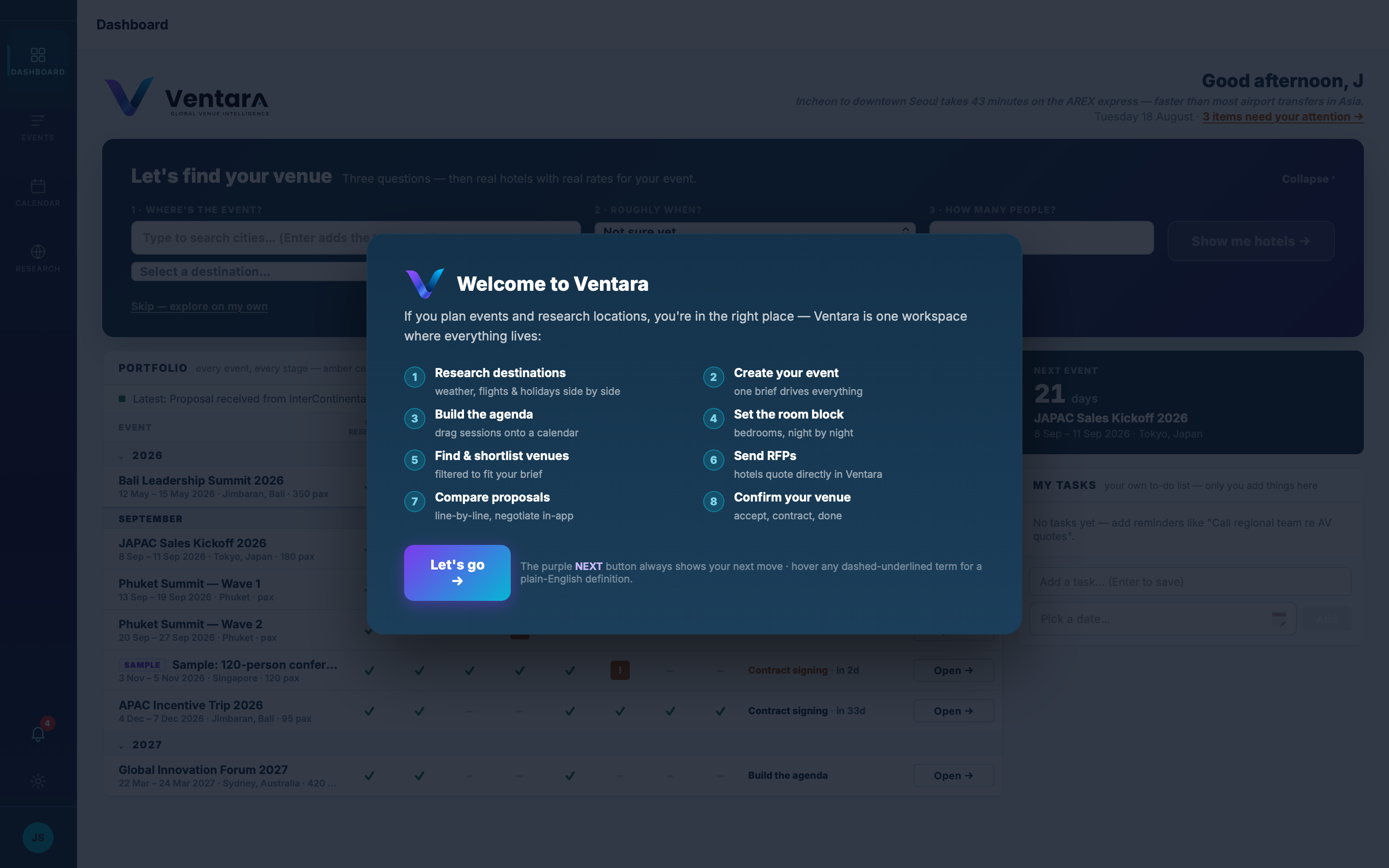The Ventara planner dashboard showing live events at different stages.